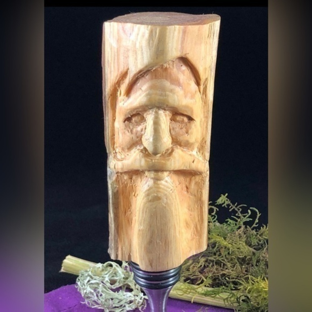 ๐พ Hand carved stainless steel wine bottle stopper wood sculpture mountain man.